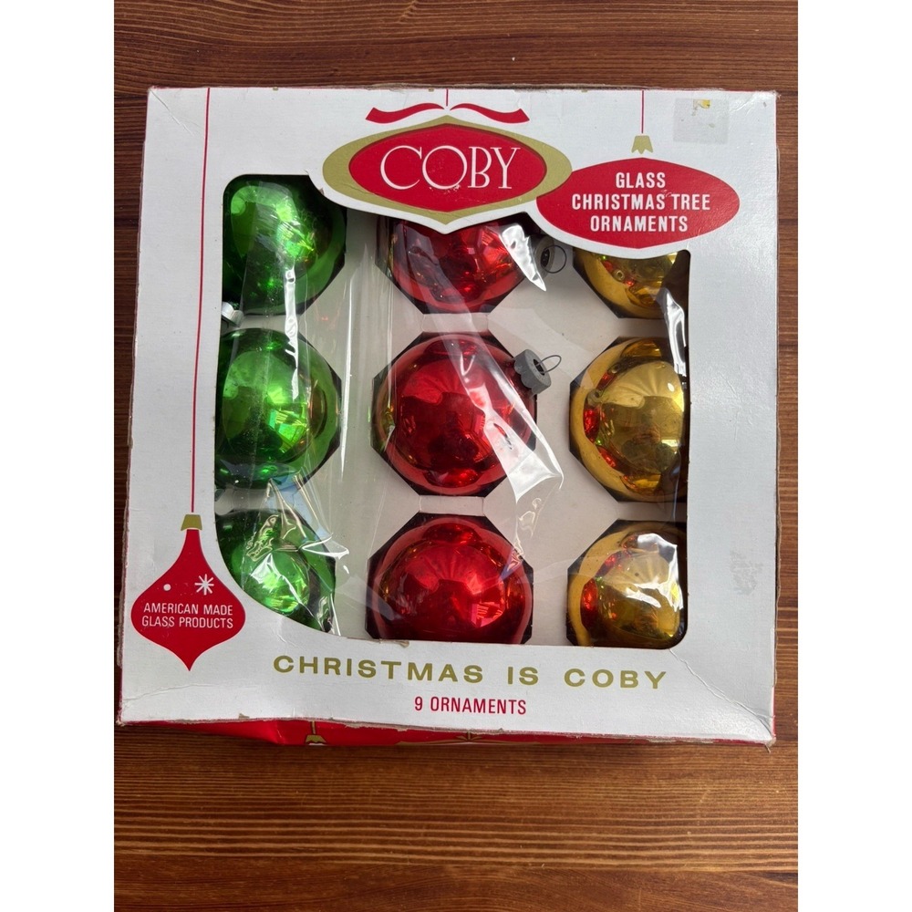 Coby Glass Christmas Tree Ornaments 9 Ct Red Green Gold‎ Boxed USA